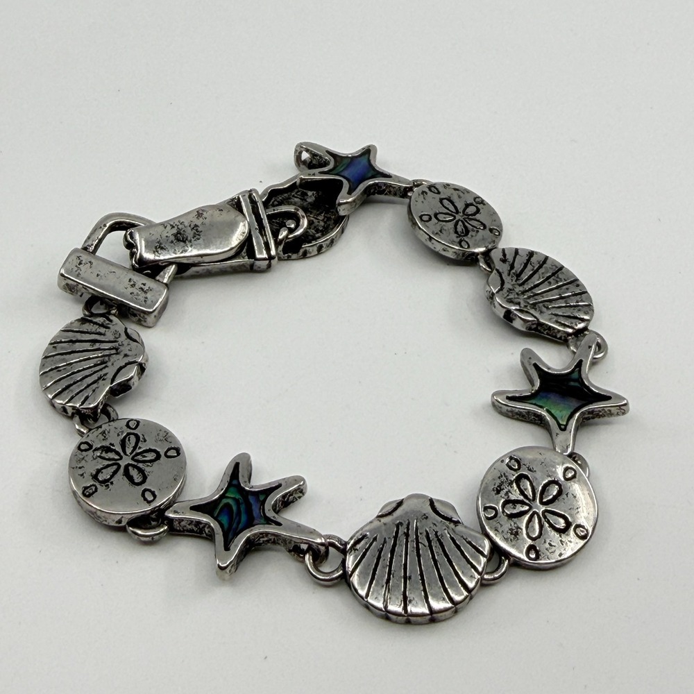 Coastal Charm Abalone Shell Starfish Bracelet Silver Tone Beach Boho Accessory